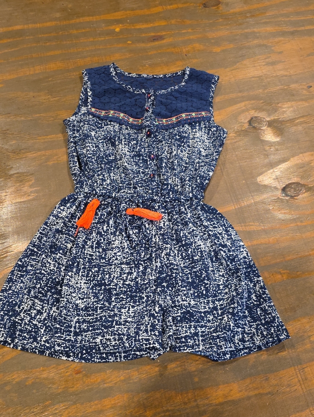 Japna Navy Printed Sleeveless Romper with Orange Tassel
